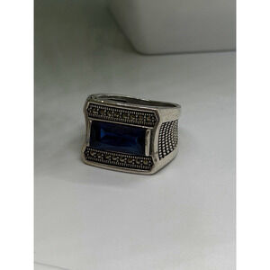 HarlemBling 925 Sterling Silver Sapphire & Marcasite Ring Size 8